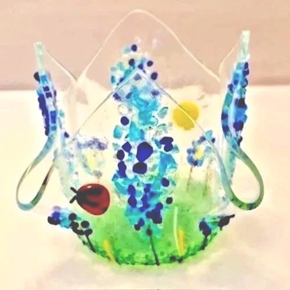 VTG Fused ART Glass Handkerchief Votive Wildflower Ladybug Blue Floral Boho Gift